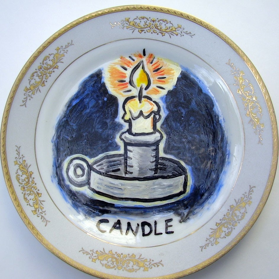 SALE candle china plate hand painted