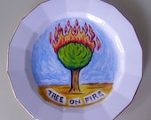 tree on fire china plate hand painted reworked