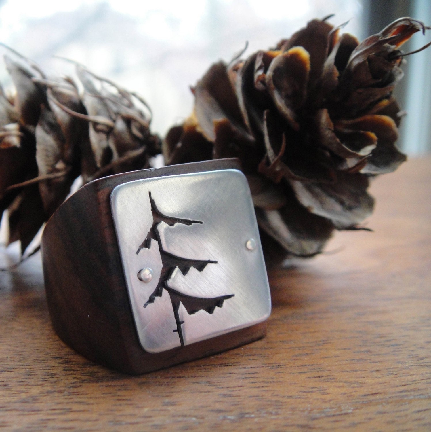 Evergreen Silhouette  Wood Ring  -- Modern Woods