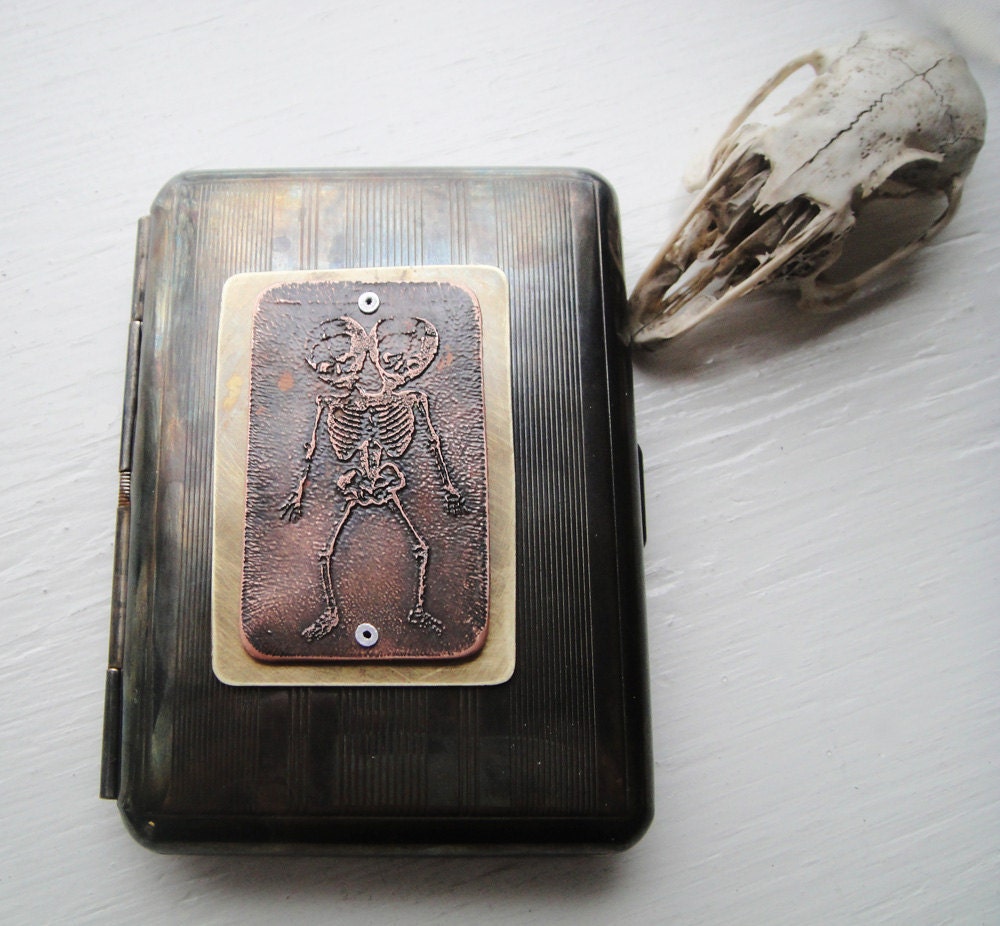 Two Headed Boy Skeleton Steampunk Etched Wallet / Cigarette Case in Pinstripe - Acid Bath Series