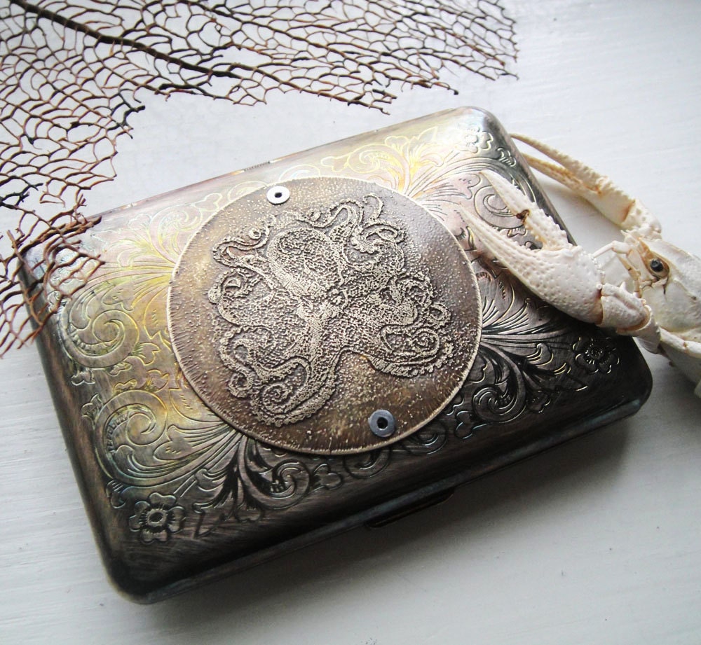 Octopus Brass Etched Wallet / Cigarette Case in Steampunk Victorian  -- Acid Bath Series - janeeroberti