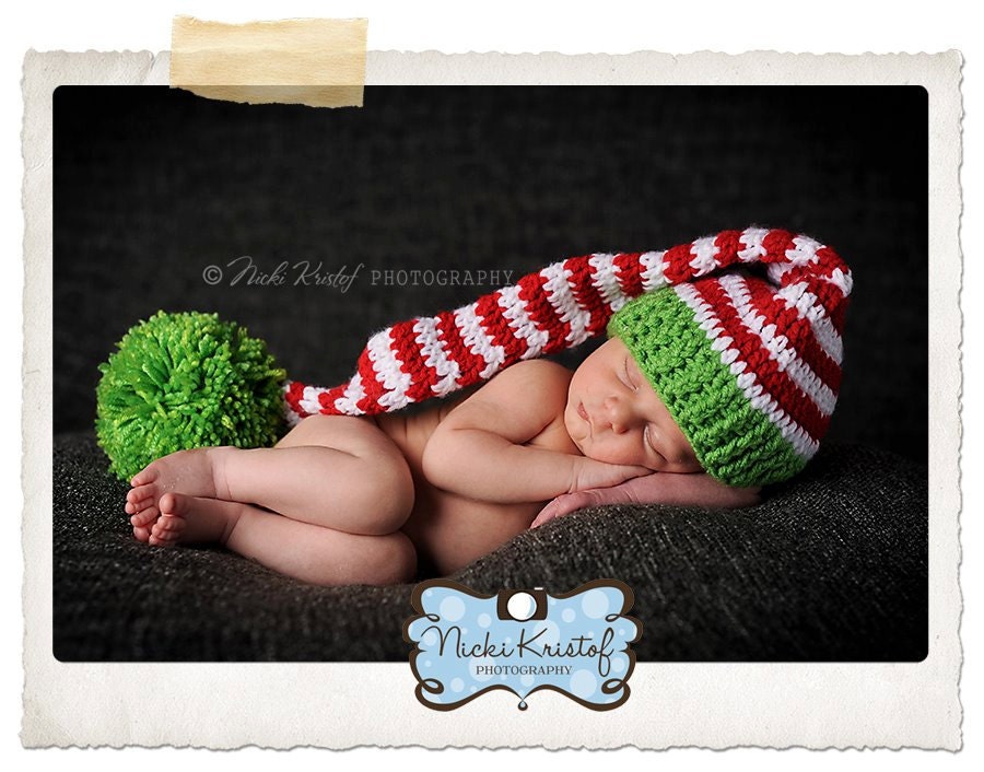 Elf or Santa Hat in Red, Green, and White. Large Pom Pom