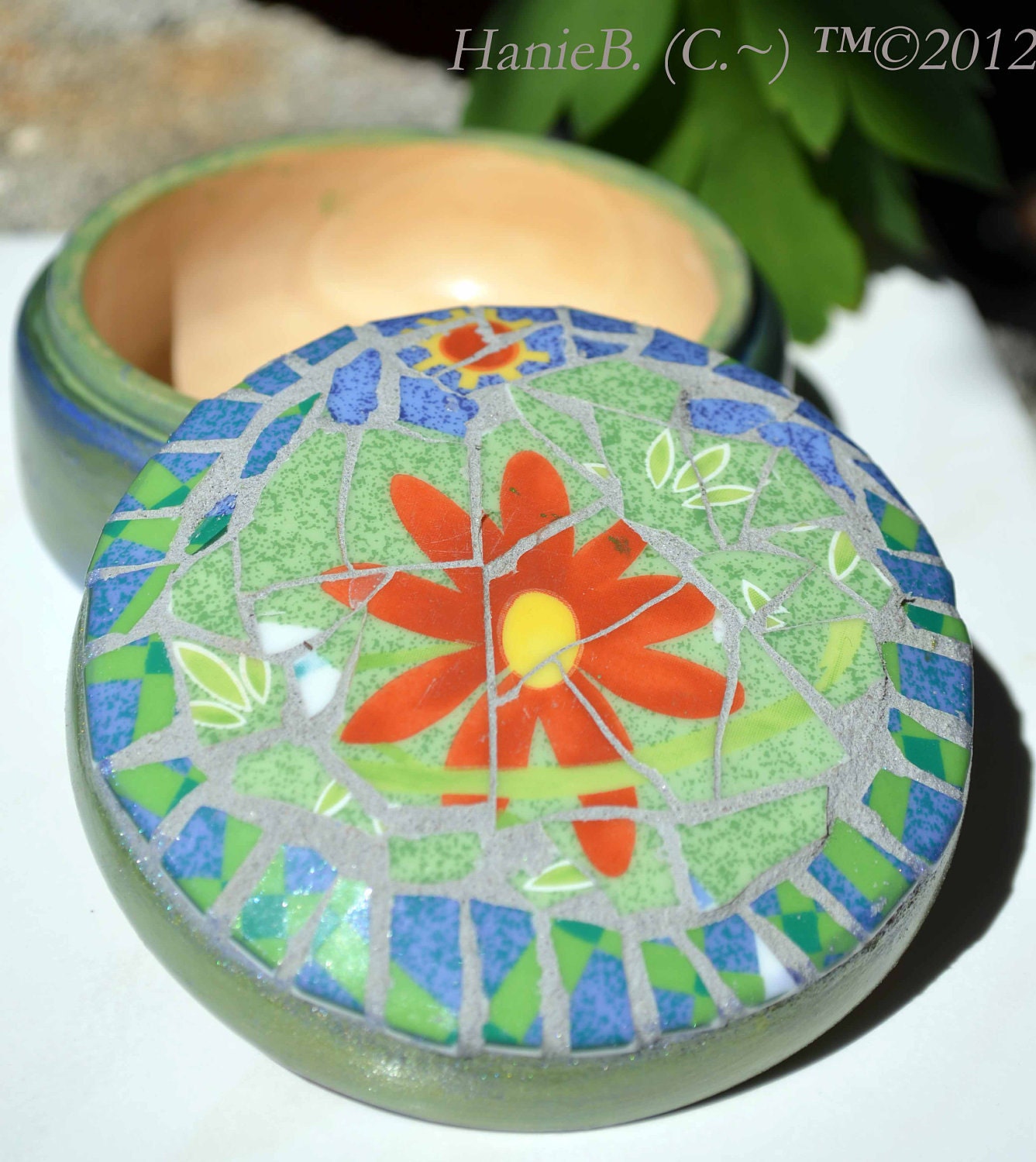 Mosaic & Wood Trinket Box ,UpCycled , Hand Painted, Green Glass Trinket,