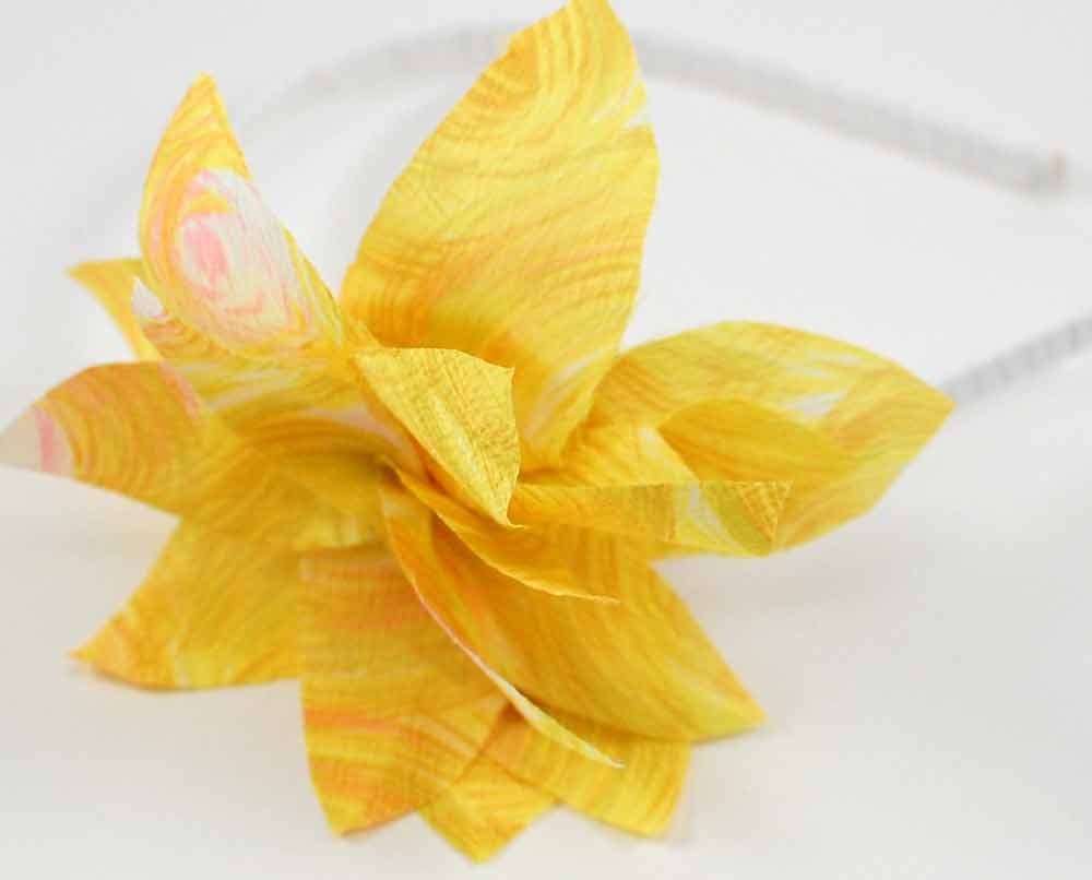 Sheer yellow silky flower grosgrain wrapped metal headband
