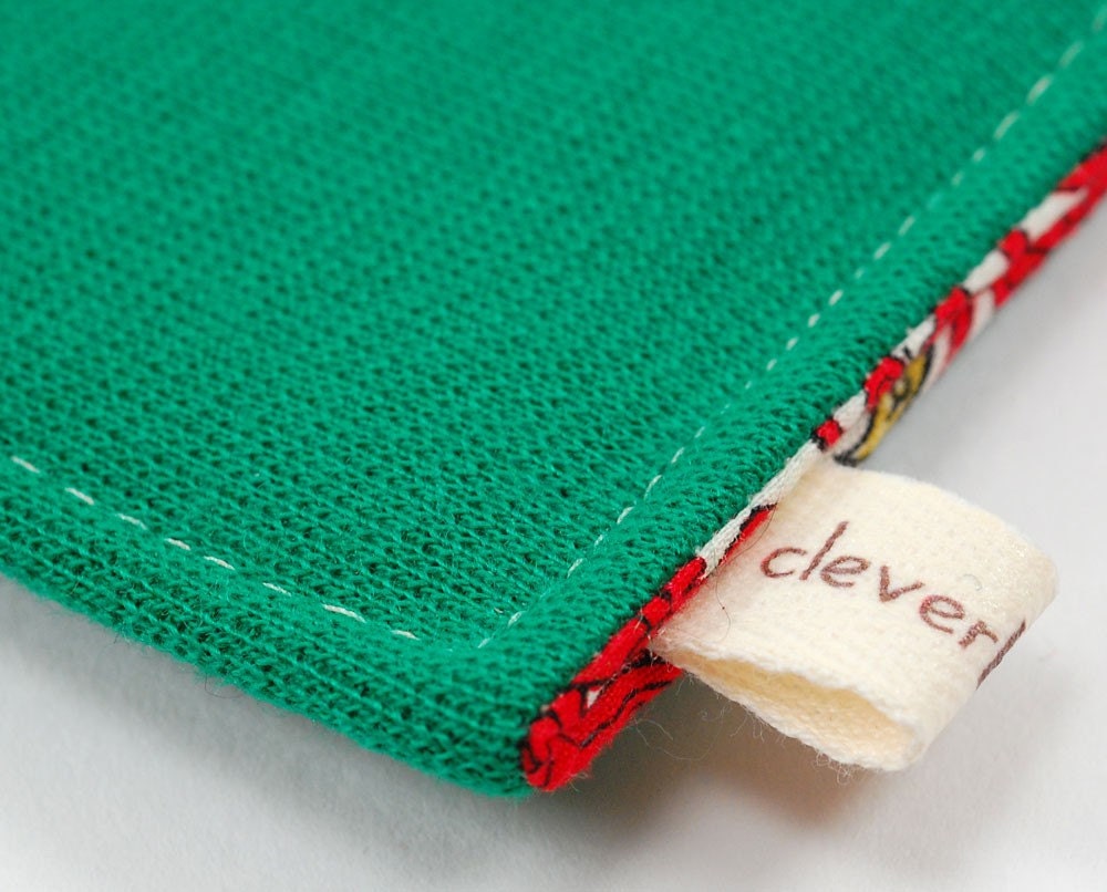 50 percent off sale- Business card case- kelly green knit jersey with festive red paisley lining