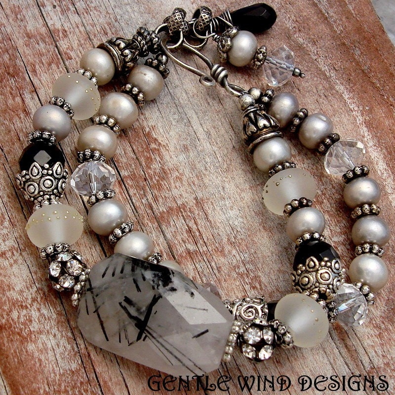 MIDNIGHT WHISPER - Faceted Tourmalinated Quartz, Handmade Lampwork, Freshwater Pearls, Faceted Onyx and More