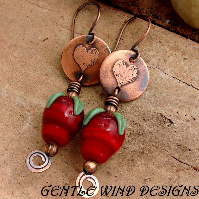 LOVE STRAWBERRIES - Handmade Etched Copper Plates with Lovely Handmade Lampwork Strawberries