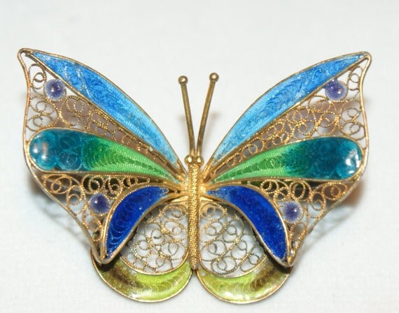 RESERVED for Shelle ColorBazaar RESERVED Beautiful Antique Sterling Silver & Enamel Vermeil Filigree Butterfly Brooch