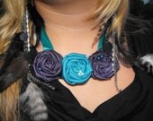 SALE, Bib necklace, rosette flower fabric necklace, flower girl, youth size, purple and aqua, bridal accessory, party, prom, dance