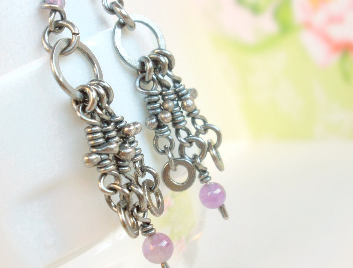 Amethyst Sterling Silver Earrings. Oxidized Rustic Dangling Knots & Stones. -Quirky-