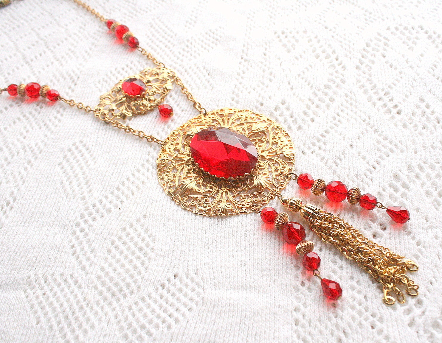 Vintage Huge Red Art Deco Pendant Necklace Ruby Crystals Oversized Runway Filigree Dangles