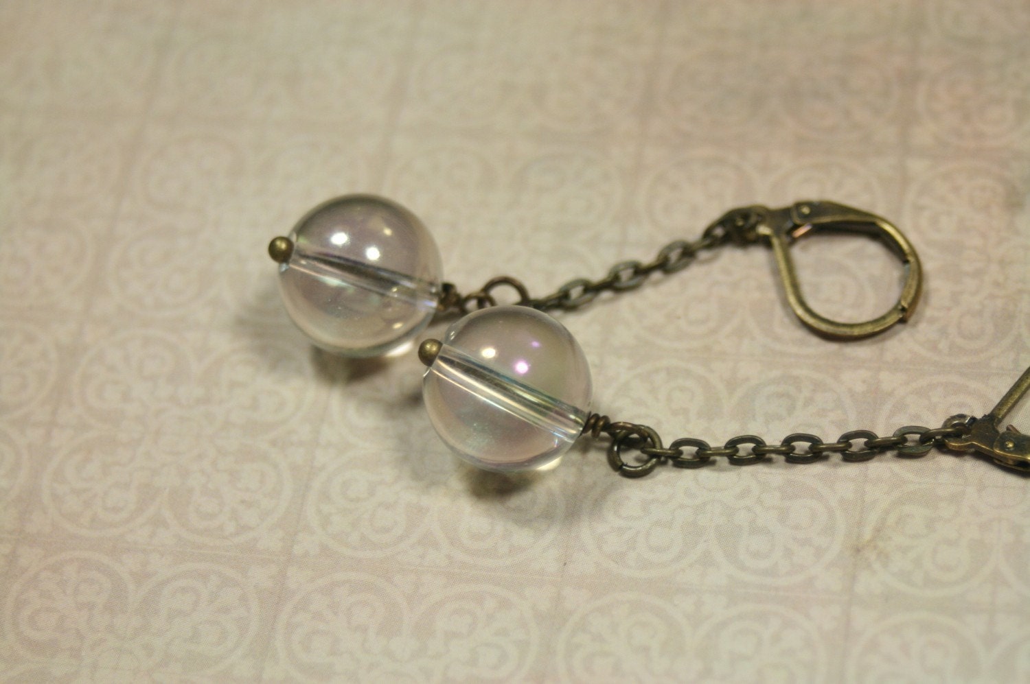 Fairy Bubble Dangle Earrings Antique Brass Rainbow Quartz