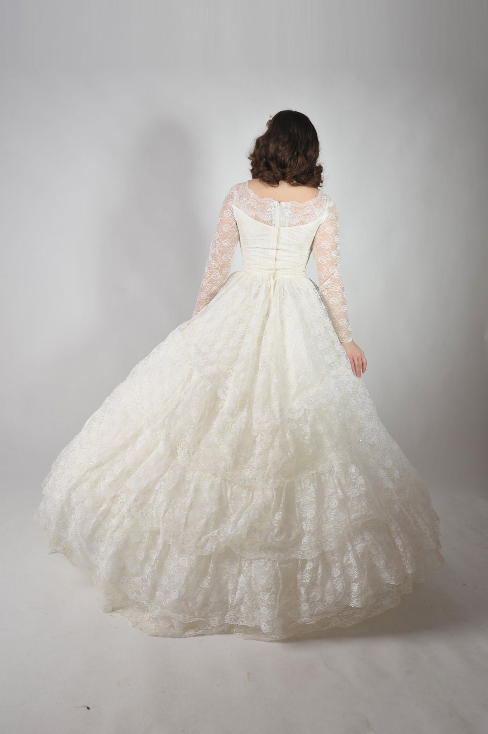 Vintage 1950s Wedding Dress // Classic 1950s Full Skirt Tiered Lace Wedding Gown with Sequins
