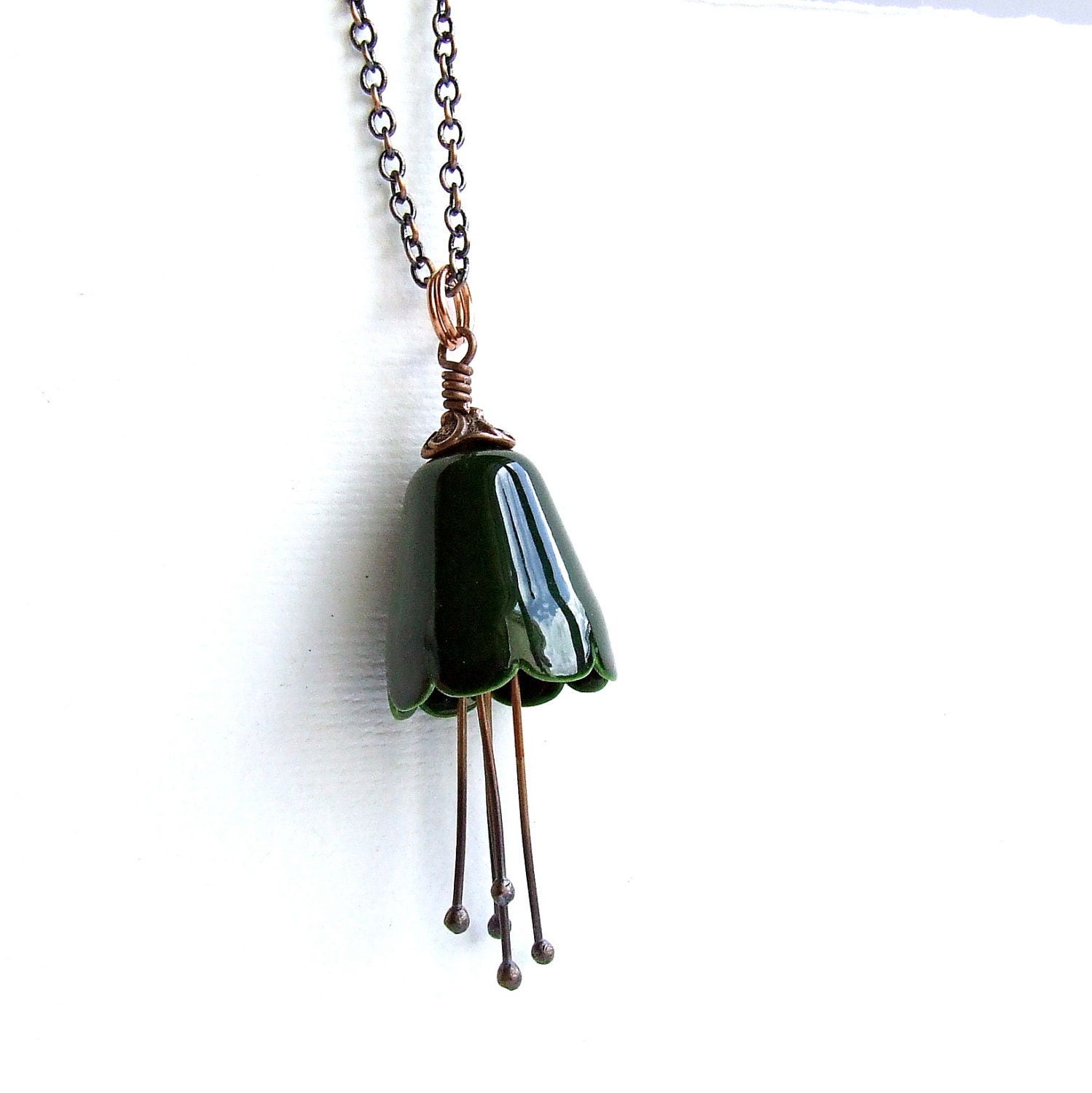 Forest Green Enamel Flower, Copper Stamen- Enamel Necklace - Fall Fashion