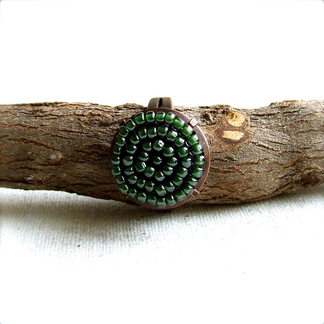 Green Glass Seed Bead Woven Copper - Beadwoven Ring -Forest Green Pod -Jewellery