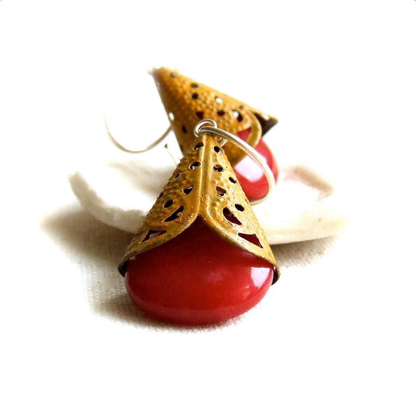 Red Jade, Mustard Patina, Sterling -Stone Earrings -Patina Drop Dangle Earrings-Jewellery - balanced