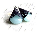 Aqua Blue Jade, Navy Patina, Sterling -Stone Earrings -Patina Drop Dangle Earrings-Jewellery