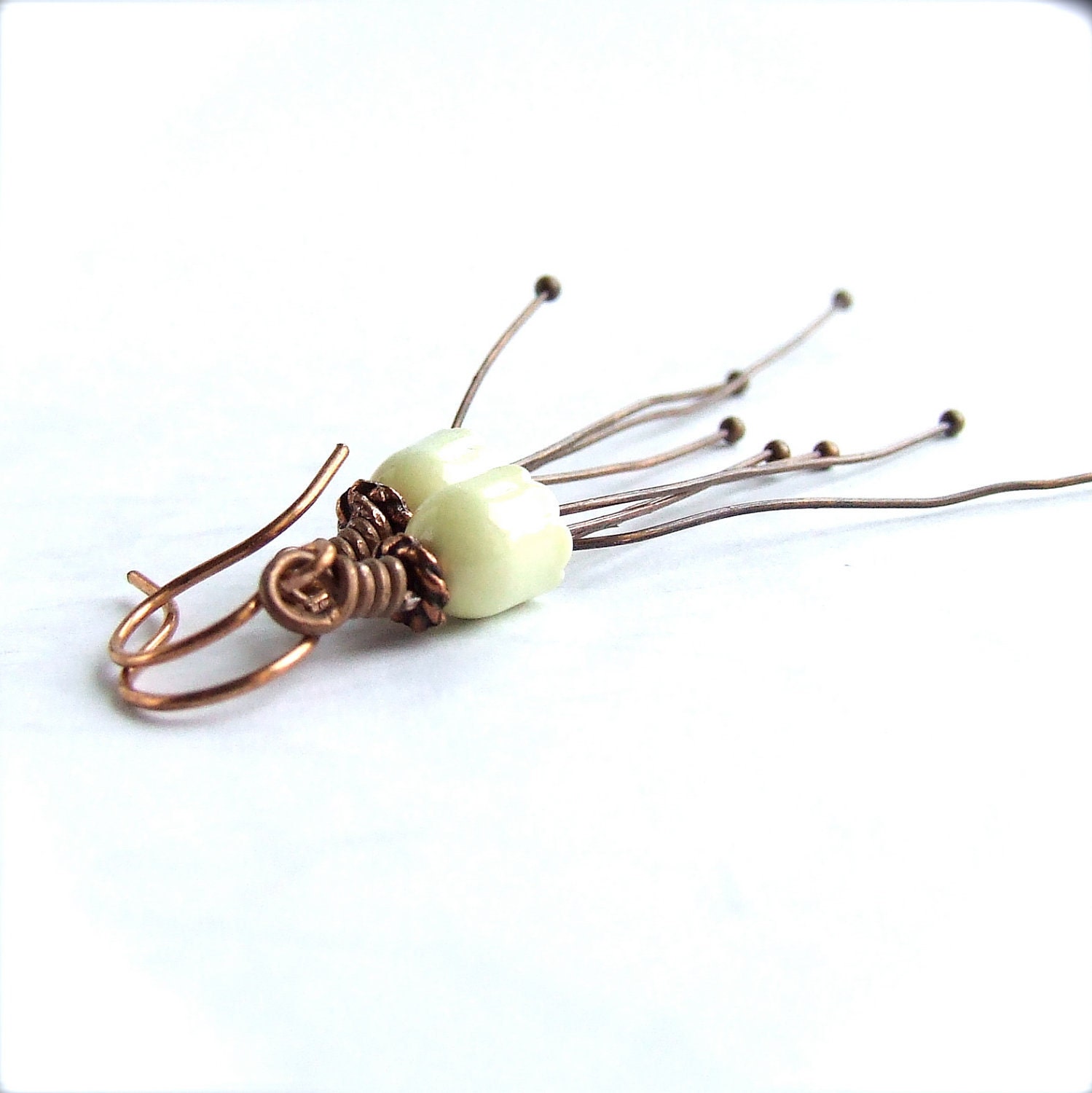 Butter Yellow Enamel Tulip, Copper Stamen- Beaded Earrings - Liliales- Jewellery
