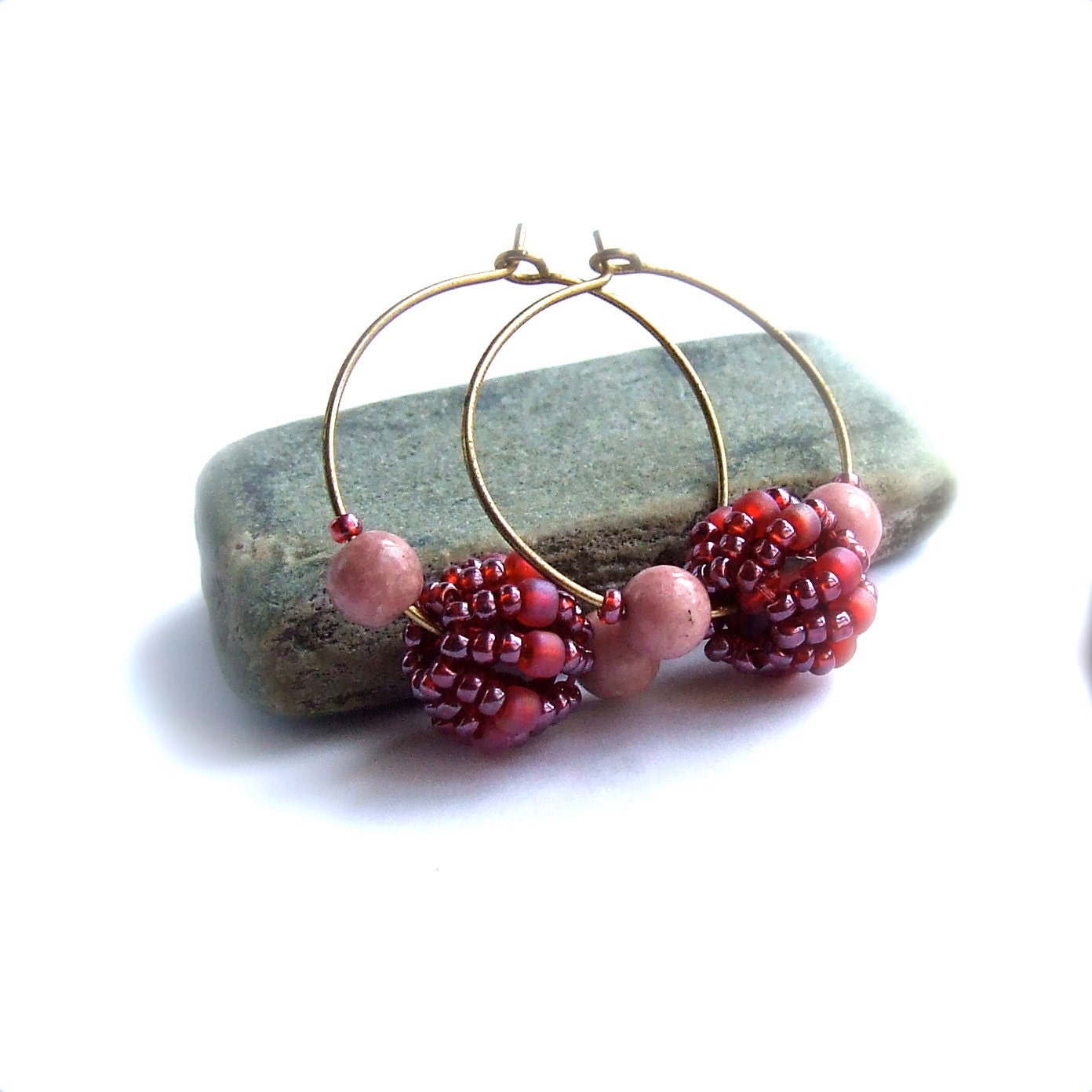 SALE - Rhodonite, Glass, Brass Hoop - Stone Earrings -Orbit in Red -Jewellery