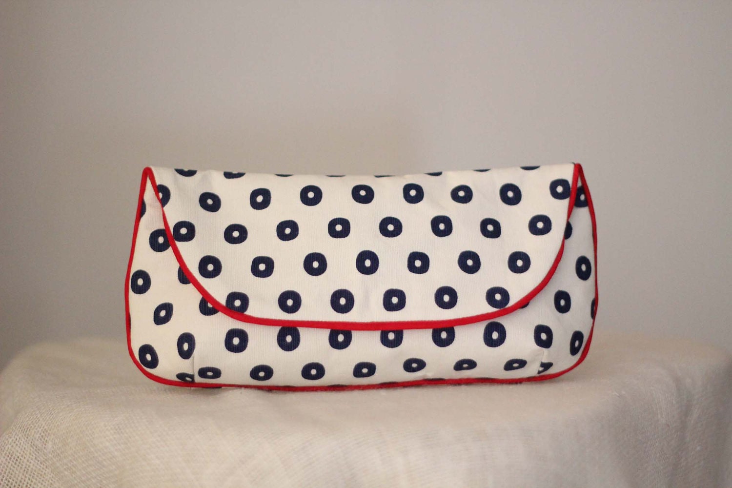 SALE Clutch Purse in Navy Blue and Off White Circles Polka Dots Print Vintage Fabric Size Large cc006 - made to order