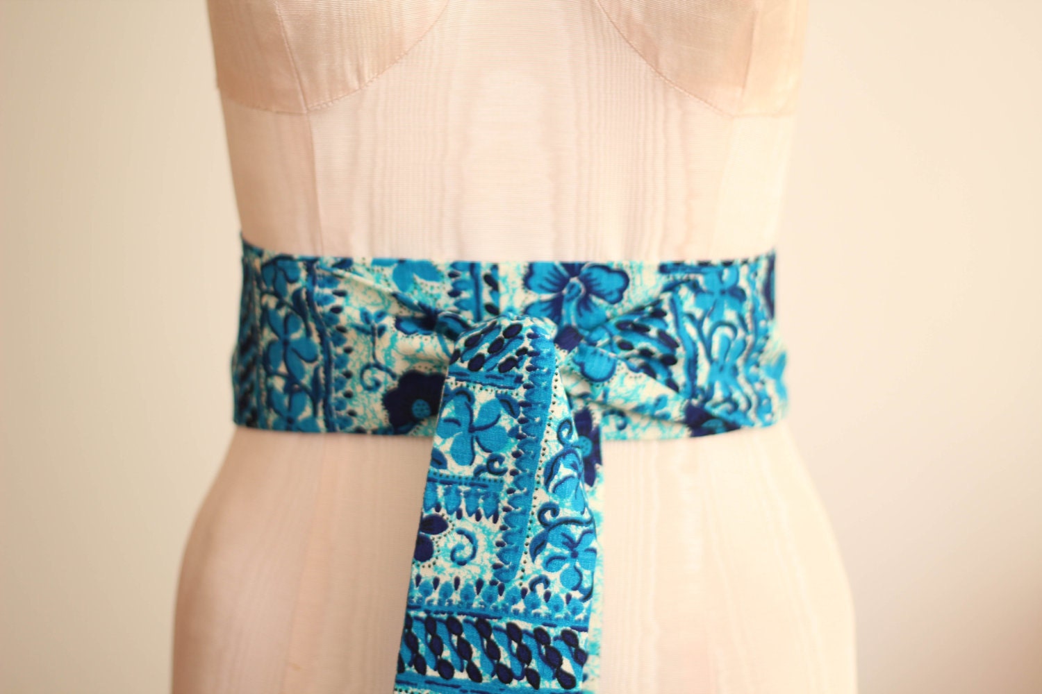 Obi Belt in Turquoise, Teal, Blue and Cream Hawaiian Hibiscus Flower Print Vintage Cotton Fabric - ready to ship - last one - ccdoodle