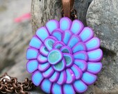 Polymer Clay Lotus Flower Necklace in Turquoise and Purple on Vintage Style Copper Chain