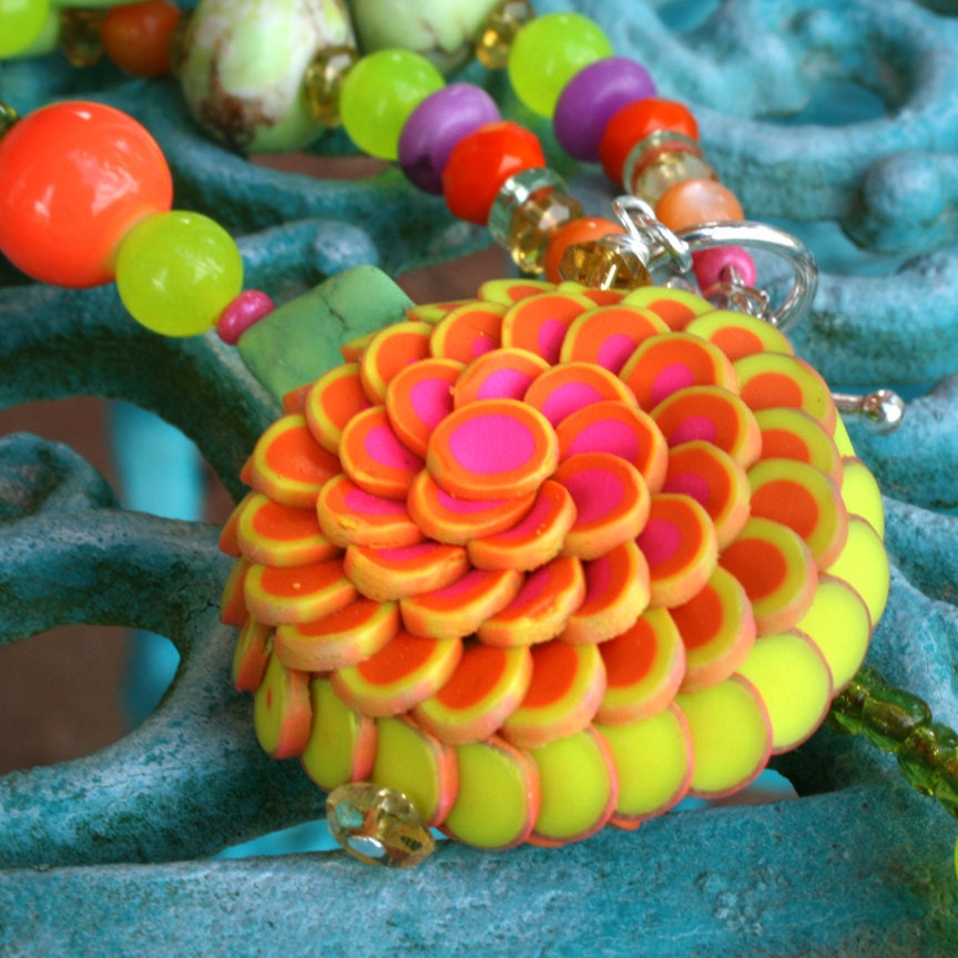 Tutti Frutti Lotus Flower Polymer Clay Necklace and Earrings Set with Front Toggle Clasp in Hot Pinks Orange and Neon Yellow