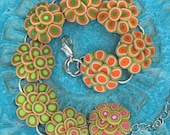 Summer Green Orange and Copper Lotus Flower Polymer Clay on Silver Bezel Bracelet