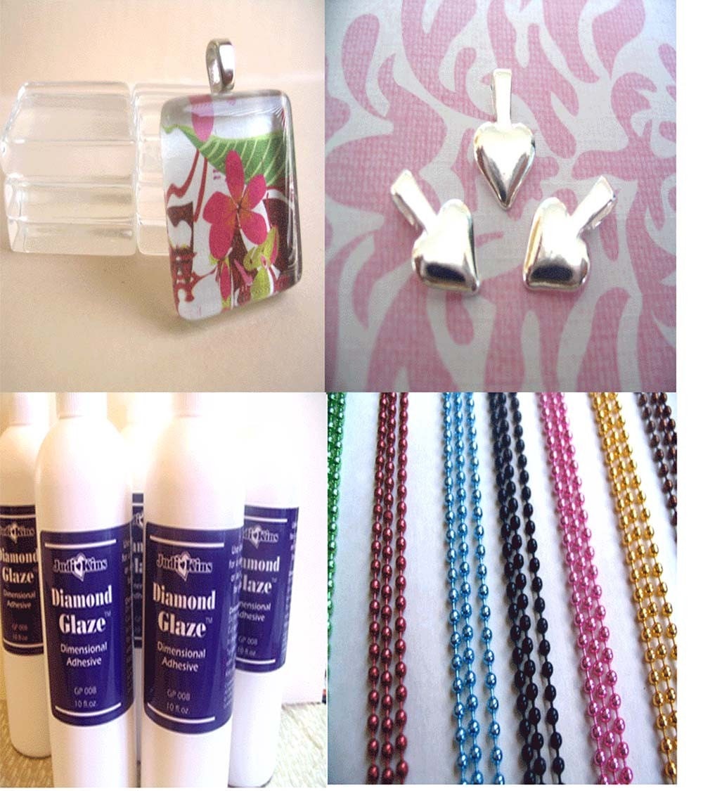COMPLETE BUNDLE PACK...100 1" Tiles....100 Bails...8oz Diamond Glaze...100 Ball Chains...1 Super Glue