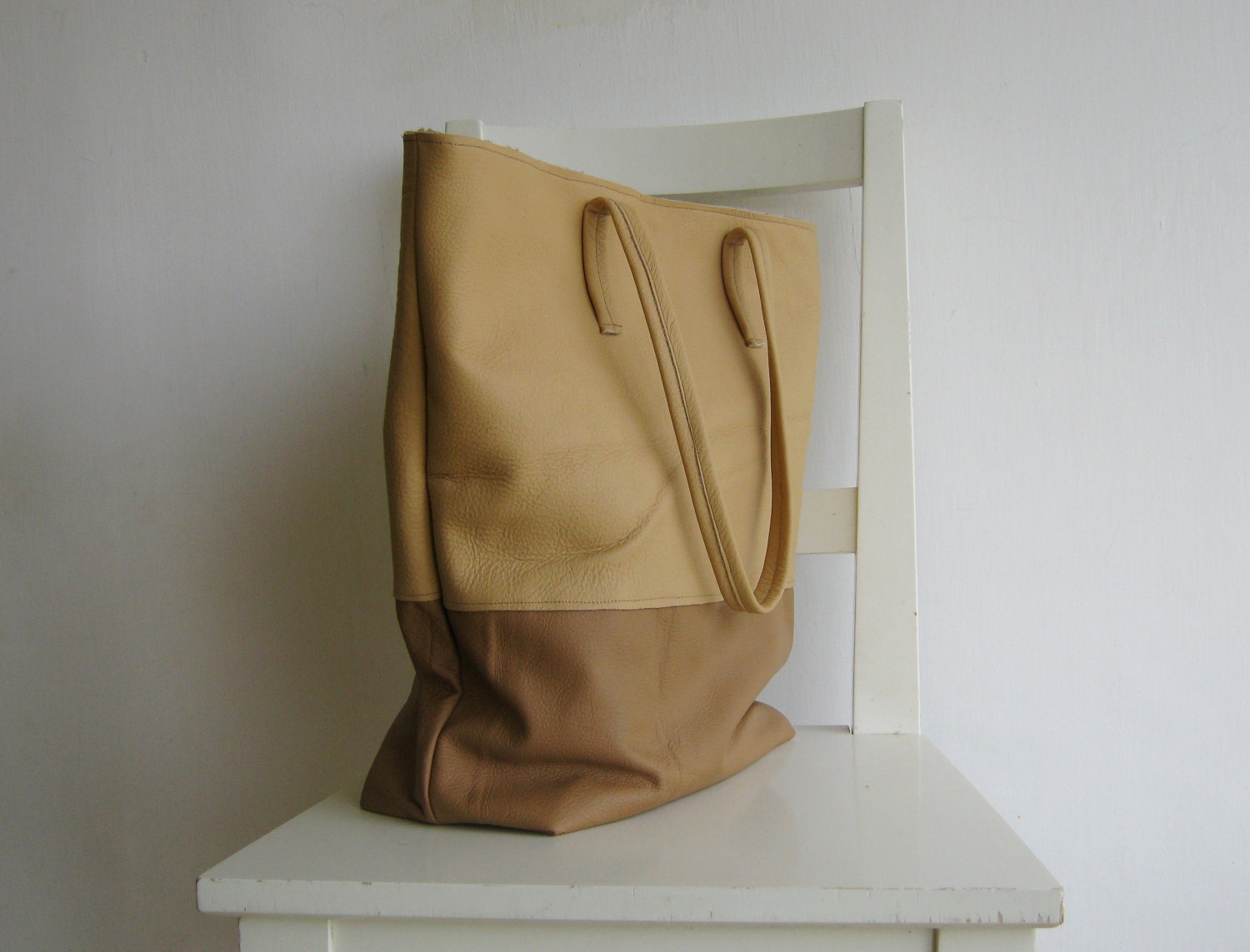 Cognac/ Camel and Beige Leather Tote Shoulder Bag