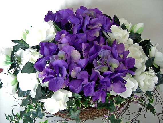 Country Basket Brimming with Purple Hydrangeas and Snow White Gardenias