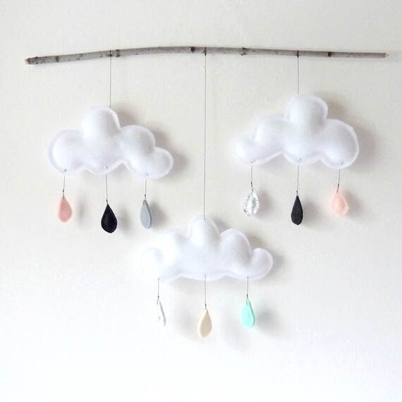 Rain Cloud Mobile Nursery Children Decor-Big Rain cloud mobile on branch-Neutral tones "I Love NY" by The Butter Flying.