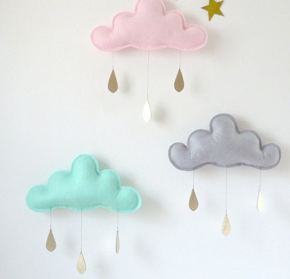 3 Rain Cloud Mobiles Nursery Children Decor- 3 Spring rain Cloud Mobiles for nursery by The Butter Flying