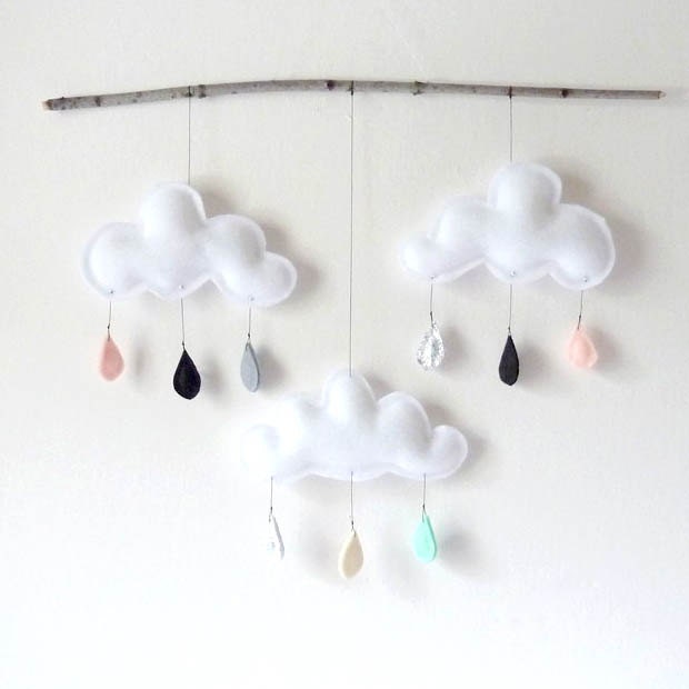 Rain Cloud Mobile Nursery Children Decor-Big Rain cloud mobile on branch-Neutral tones "I Love NY" by The Butter Flying.