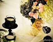 Set of 10 birch bark covered glass vases, personized with your names. For your woodland rustic centerpieces.
