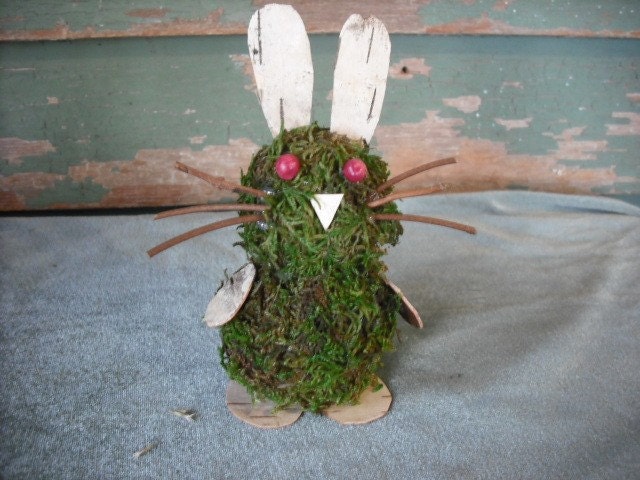 Bunny rabbit made from moss and birch bark, for a rustic nature lover's home.