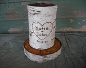 Set of 10 Deluxe 6" Birch bark covered glass vase.  Engraved with your names and date. For your woodland, rustic, nature Wedding