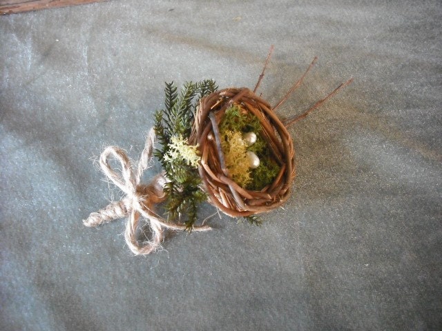All Natural grooms boutonneire with bird's nest and moss, for a woodland, rustic, nature themed wedding.
