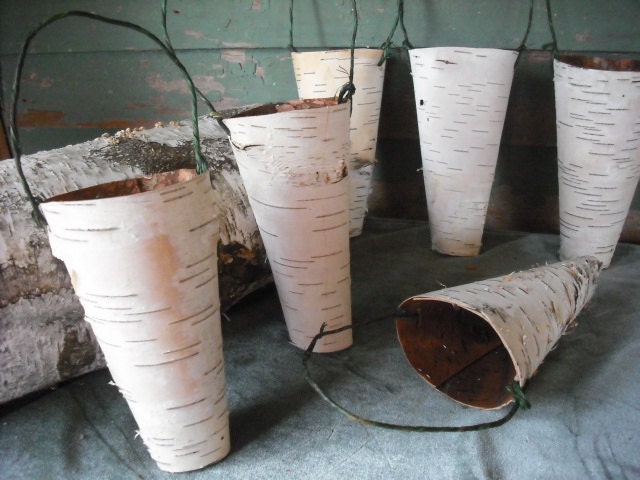 10 Birch bark cone vase for a flower girl or decoration for spring woodland nature wedding, or to use in your rustic home.
