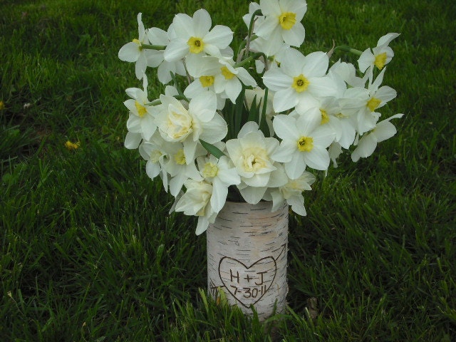 Handmade Birch bark covered glass vase, customized with your initials. Perfect for your nature, woodland, rustic wedding centerpieces.