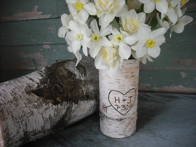 Set of TEN 7.75" tall Birch bark covered glass vase, engraved with your initials. Perfect for a woodland, rustic wedding centerpieces.