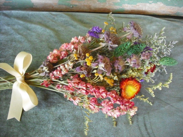 Bundle of colorful dried flowers. All natural garden assortment.