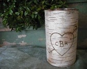 Birch bark covered glass vase, handmade in New Hampshire. Personalized with your monogram for your woodland rustic wedding.