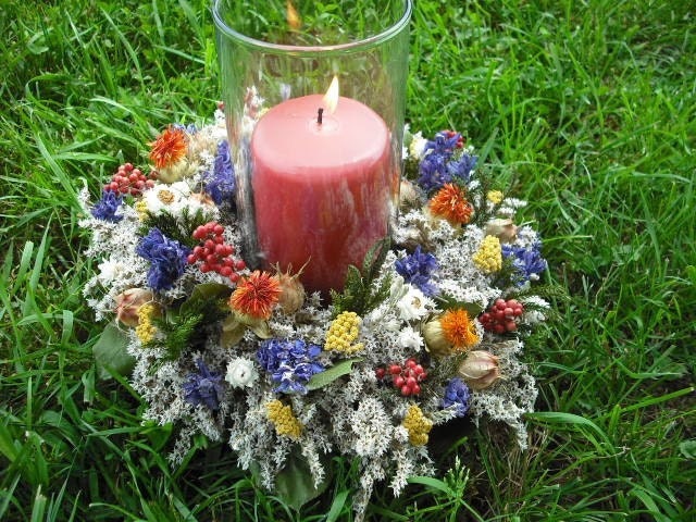 Dried Flower Candle Ring Centerpiece or wreath.  All natural, handmade in New Hampshire.