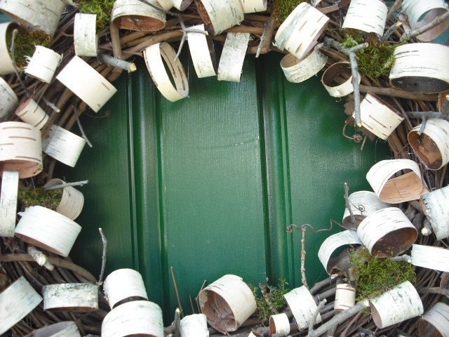 Large birch bark loop wreath with twigs and moss for your nature, woodland rustic home.