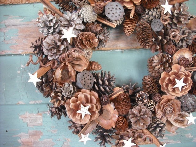 Pine Cone and Cinnamon Wreath with birch bark stars and spices