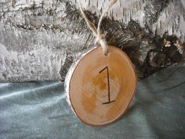 Set of 12 hanging Birch log slices engraved with a table number for your nature themed wedding or event.