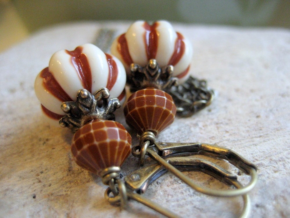 Casbah dangle earrings. Boho Hippy Chic Style, Vintage Lucite  Vanilla Nutmeg stripe beads