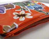 Zipper Pouch - Oilcloth Orange Hawaiian Flowers w/ Embroidery Details