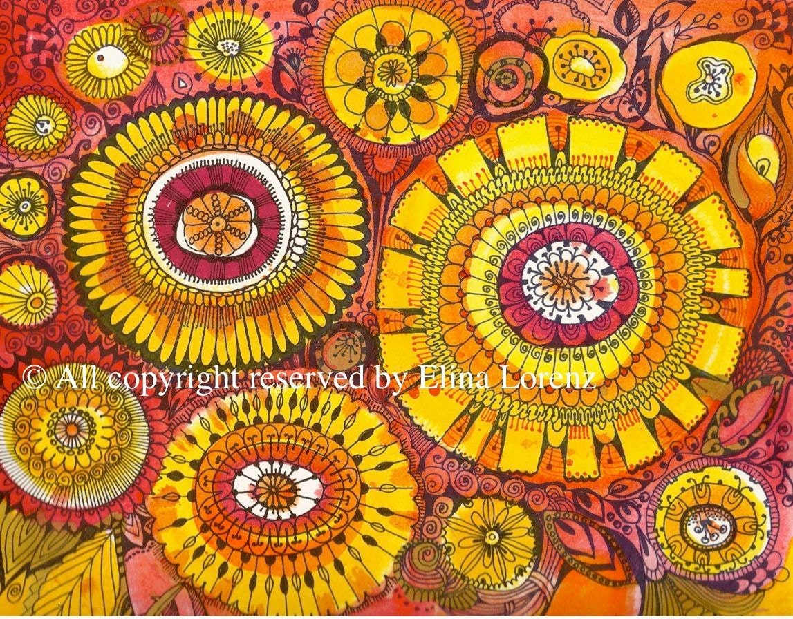 Red and Orange flowers Art Print from Original Painting by Elina Lorenz